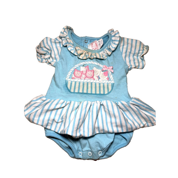 Busytown Romper Dress Infant Girls 6-9 Months Striped Cat Embroidered Vintage - Picture 1 of 5